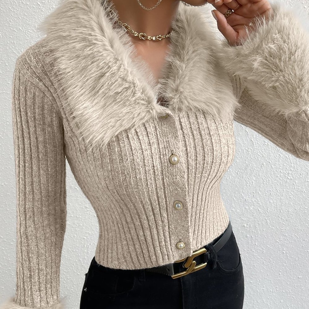 Apricot Preppy Women's Furry Collar Long Sleeve Knitted Ribbed Cardigan - Picture 3 of 5